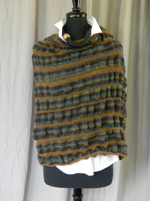 Hand Knitted Moody Midnight Shimmery Purple Copper Chestnut Striped Ruched Shawl Wrap Lap Blanket